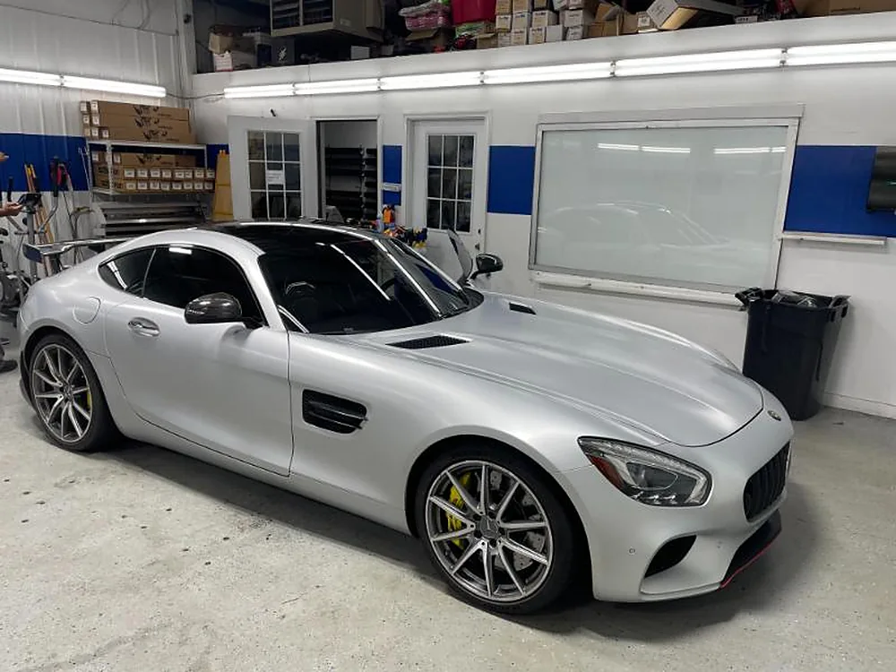 Silver Mercedes-AMG GT in the shop