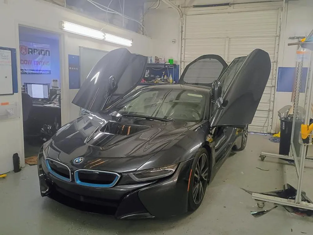 BMW i8 with doors up in the bay