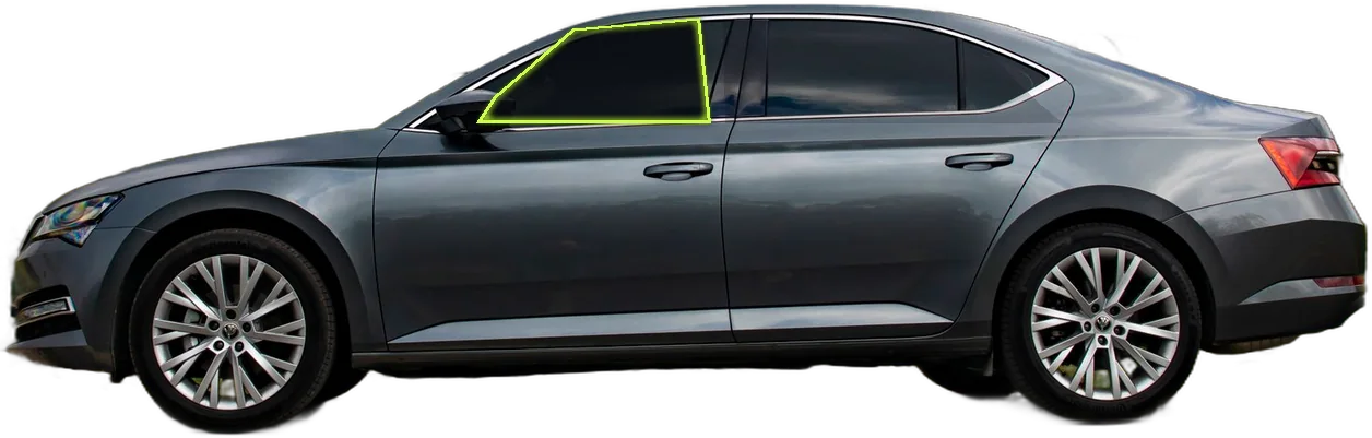 Grey sedan with the front door window tinted and highlighted