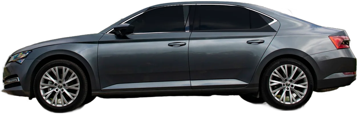 Grey four-door sedan with all side windows tinted