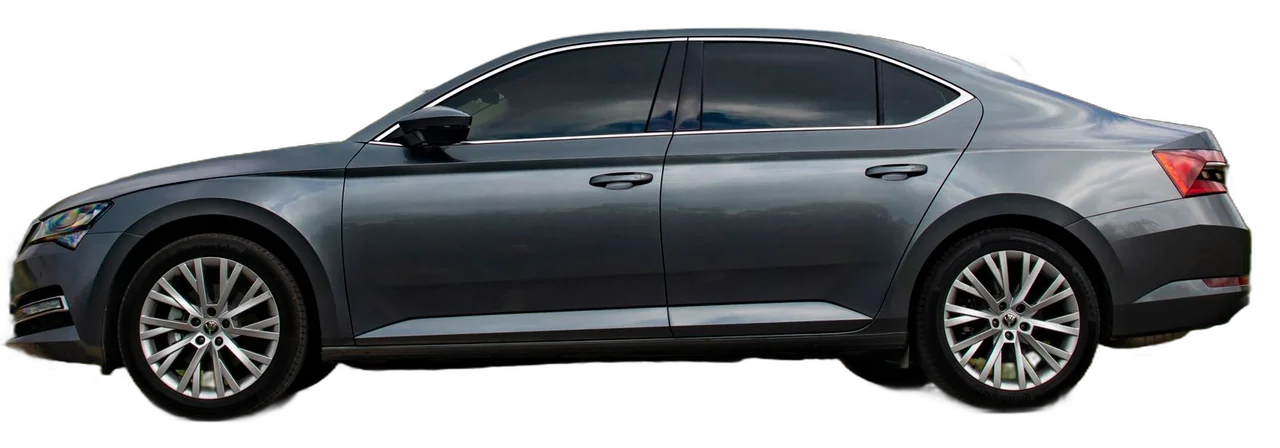 Grey sedan in side profile with the selected tint applied to its side windows