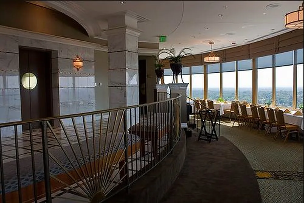 Restaurant dining room with filmed windows
